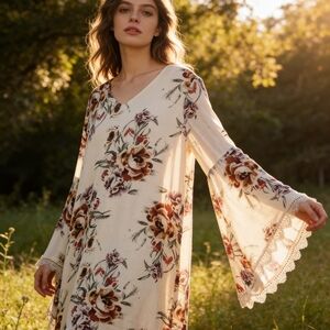 Bohemian-Chic Floral Long Sleeve Dress